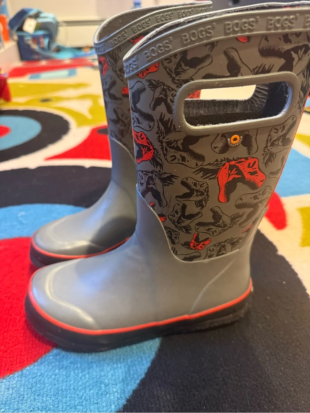 Bogs Kids Gray Rain Boots with Red Dino Accents